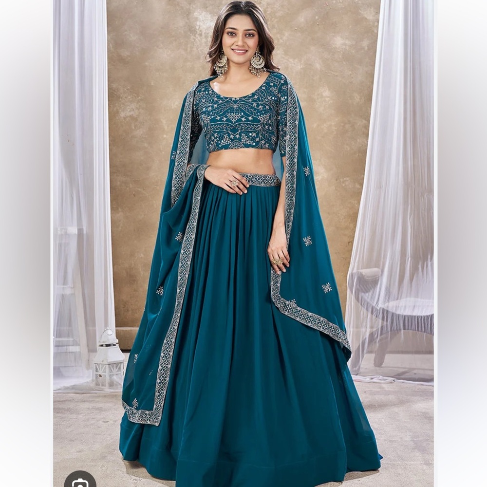 Teal Georgette Zari Embroidered Sequins Lehenga Choli With Dupatta